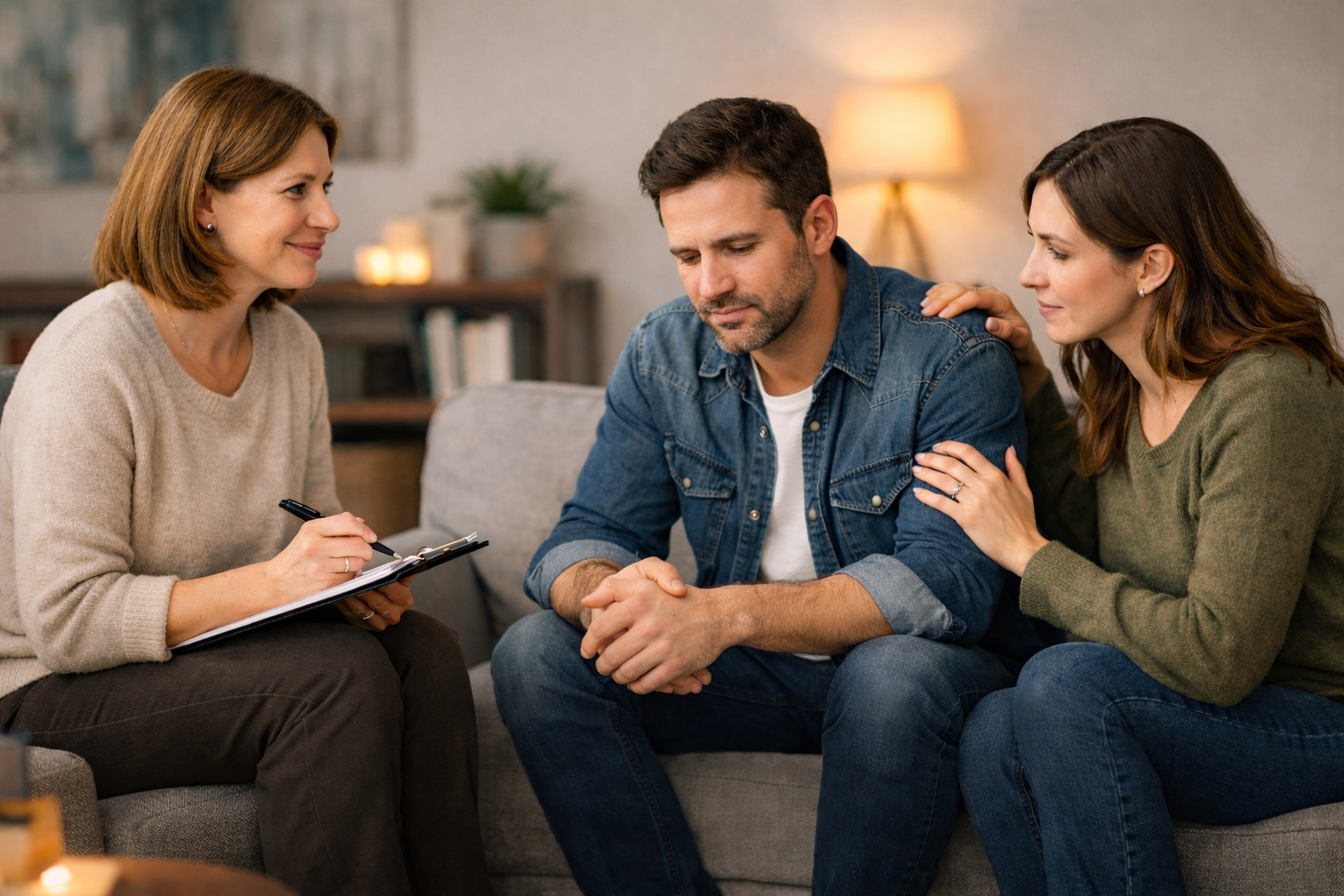 Adult client speaking with a therapist in a comfortable office